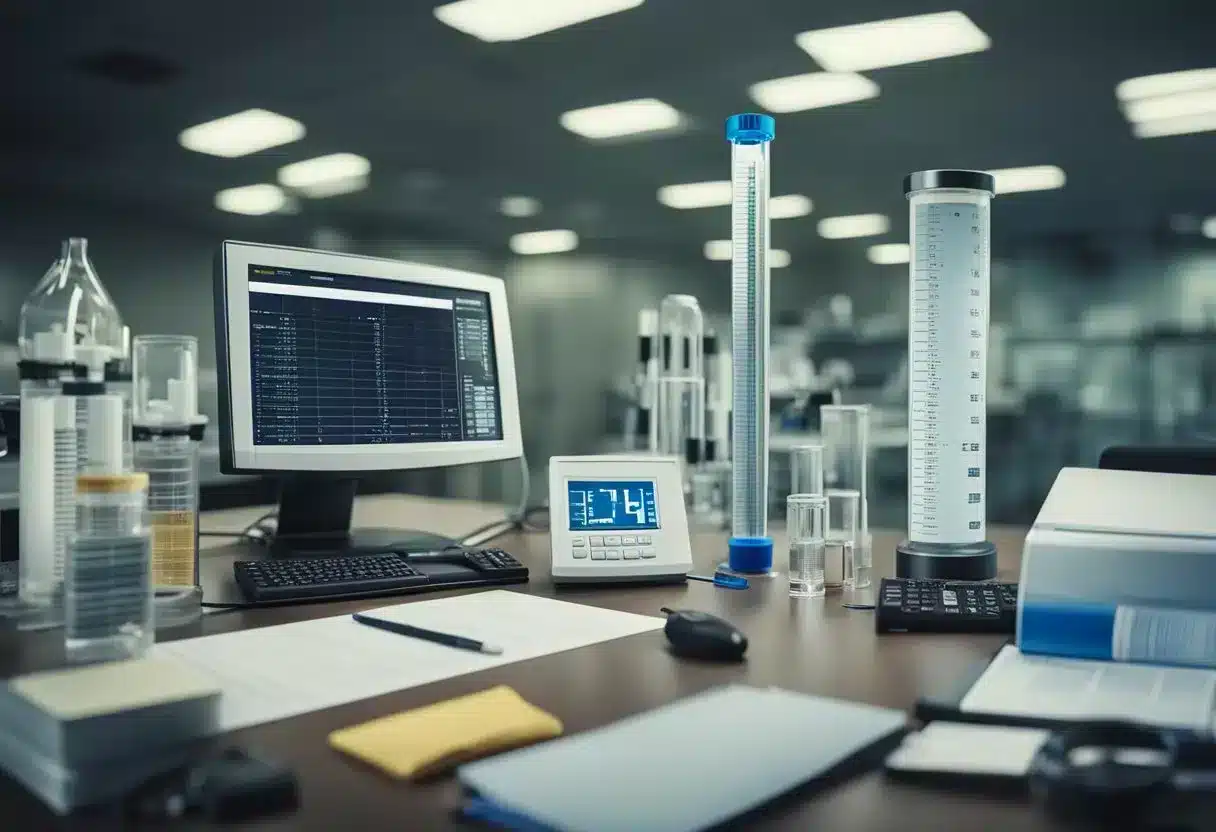A laboratory table with various test tubes and equipment, a computer screen displaying data on advanced glycation end products, and a stack of papers labeled "Frequently Asked Questions."