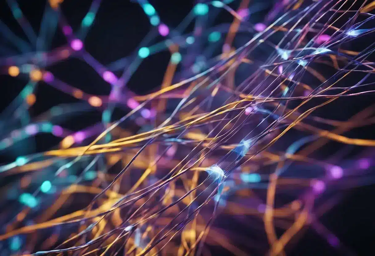 AGEs bind to ECM proteins, causing cross-linking and stiffening. ECM fibers appear tangled and rigid, with AGEs attached. Bright colors and jagged shapes convey the interaction
