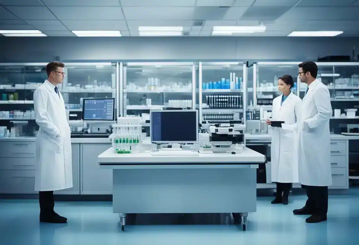 A laboratory setting with scientific equipment and charts, showcasing research on advanced glycation end products and potential future directions