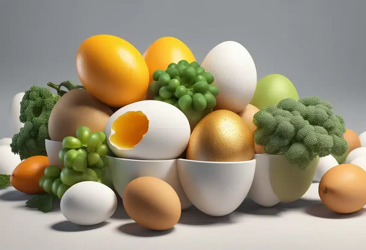 A carton of eggs surrounded by various fruits and vegetables, with a glow of health and energy emanating from them