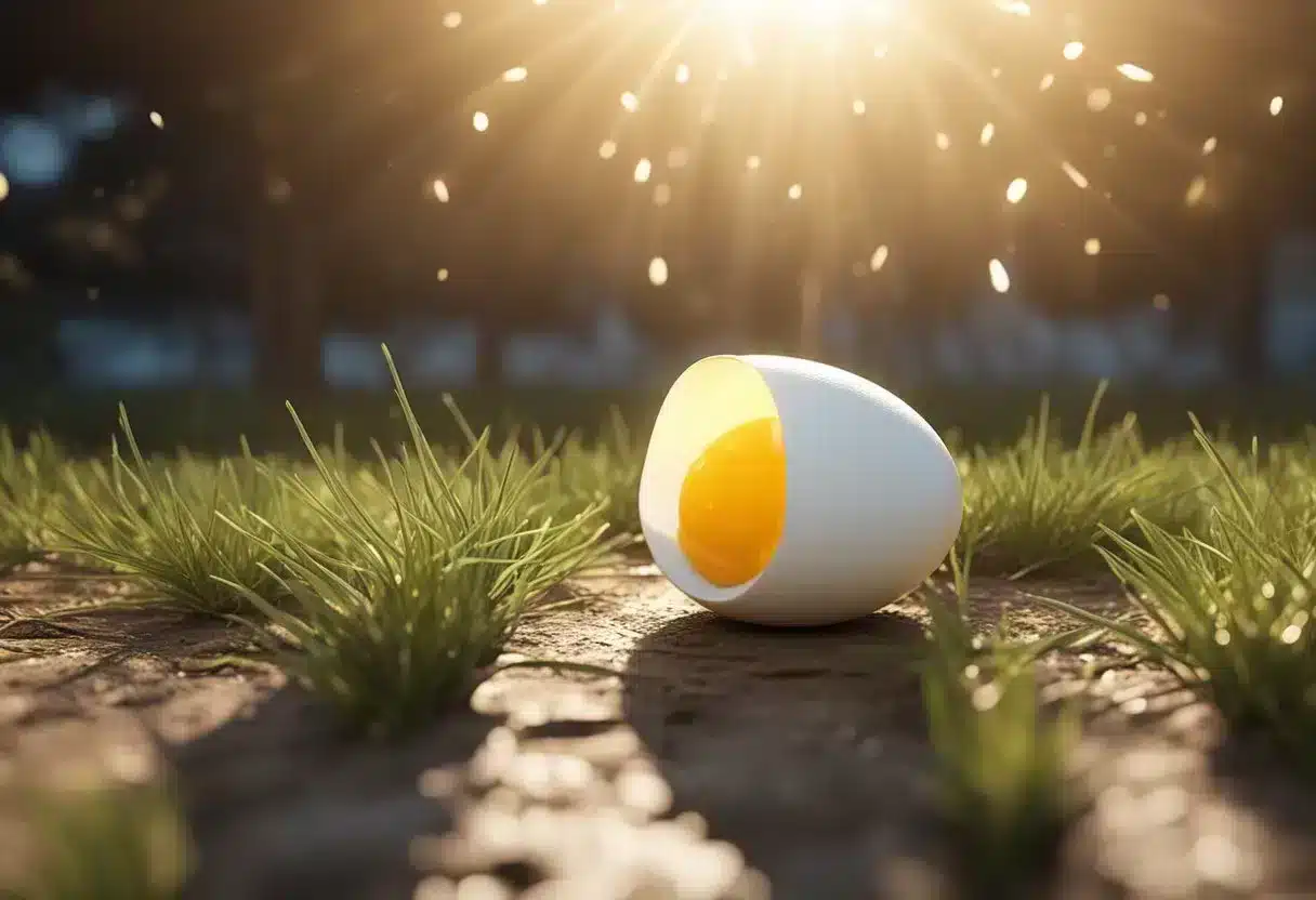 A cracked egg surrounded by a radiating glow, with beams of light shining down on it, symbolizing the potential impact on the body from consuming eggs daily