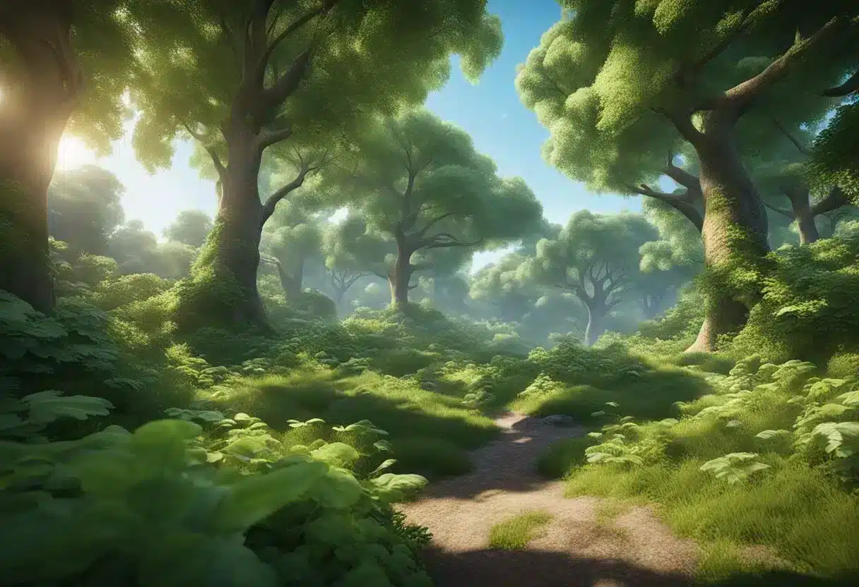 A lush green forest with diverse wildlife, a clear blue sky, and a vibrant ecosystem thriving without the impact of meat consumption