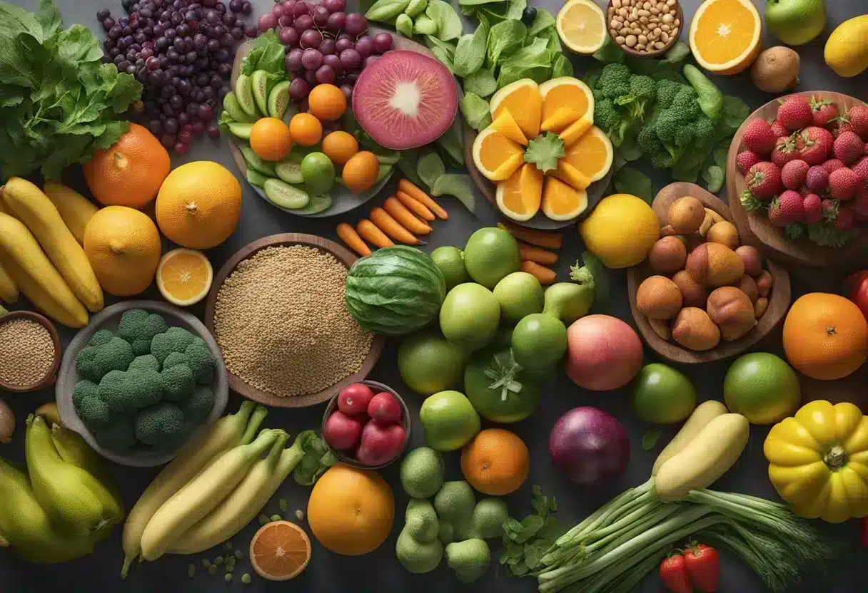 A variety of colorful fruits, vegetables, grains, and legumes are arranged on a table. A clear, vibrant image of a diverse plant-based diet is depicted, highlighting the nutritional benefits and potential impact on the body when meat is eliminated