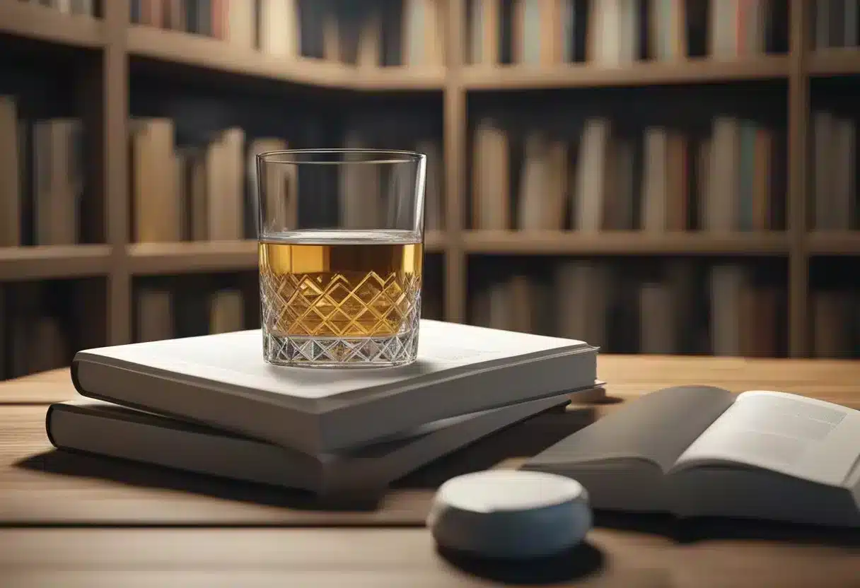 A glass of alcohol sits untouched, surrounded by medical books and a list of potential health improvements
