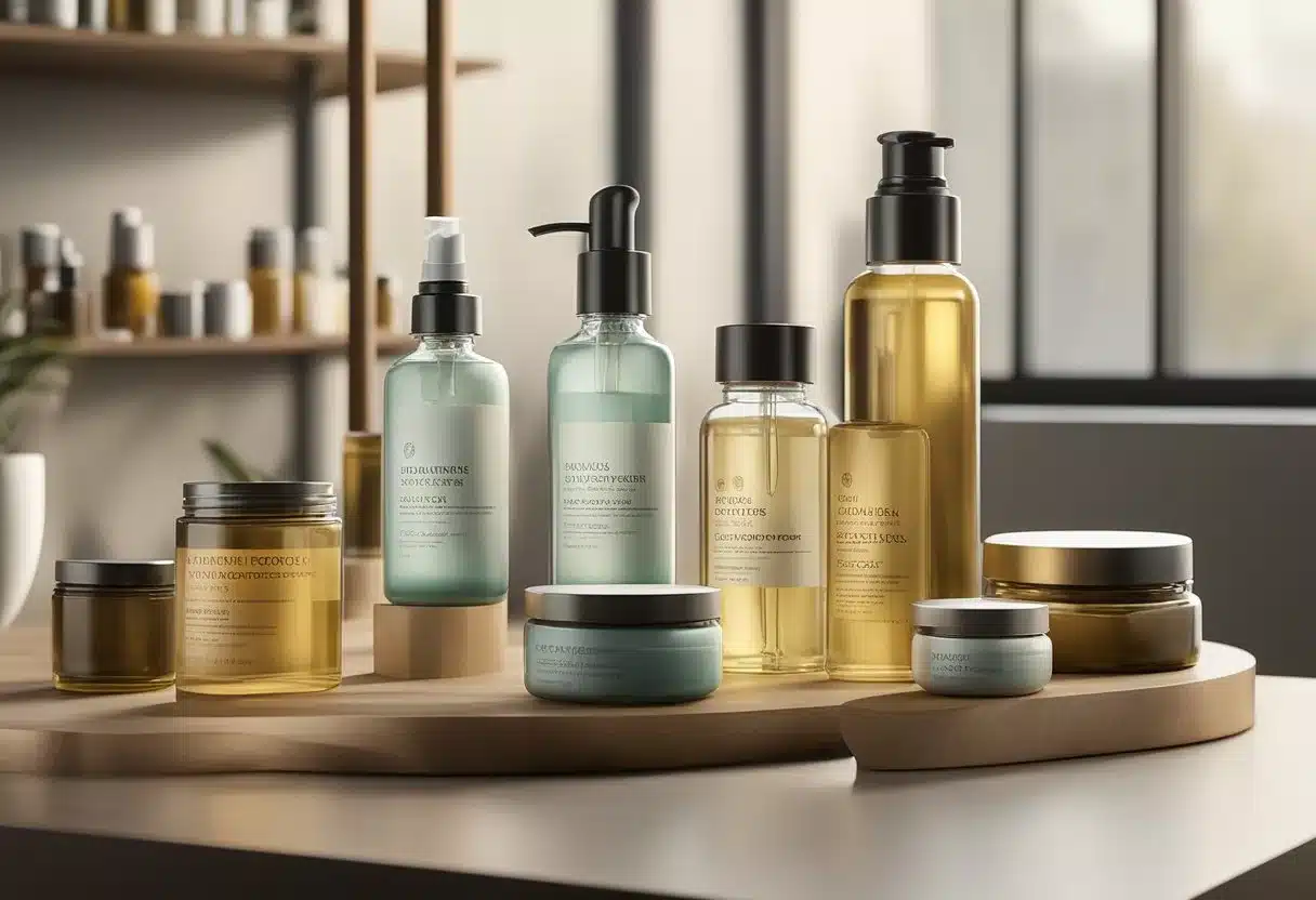 A table holds various skincare ingredients and formulations, including bottles, jars, and tubes. Natural oils, creams, and serums are arranged neatly, ready for use