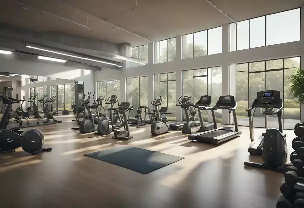 A variety of gym equipment arranged in a spacious, well-lit room, with price tags and labels indicating affordability