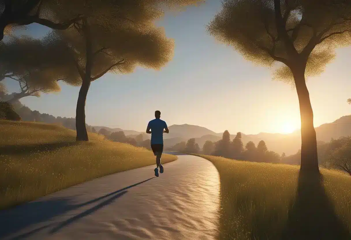 A sunrise over a serene landscape, with a solitary figure jogging along a winding path, surrounded by trees and a clear sky