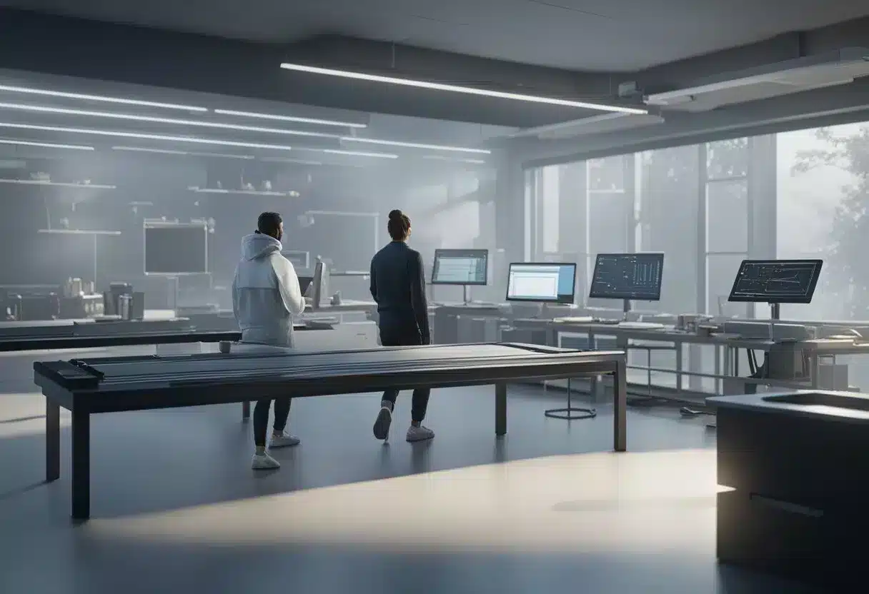 A lab table with a treadmill, empty plate, and scientific equipment. A researcher takes notes while another examines data on a computer screen