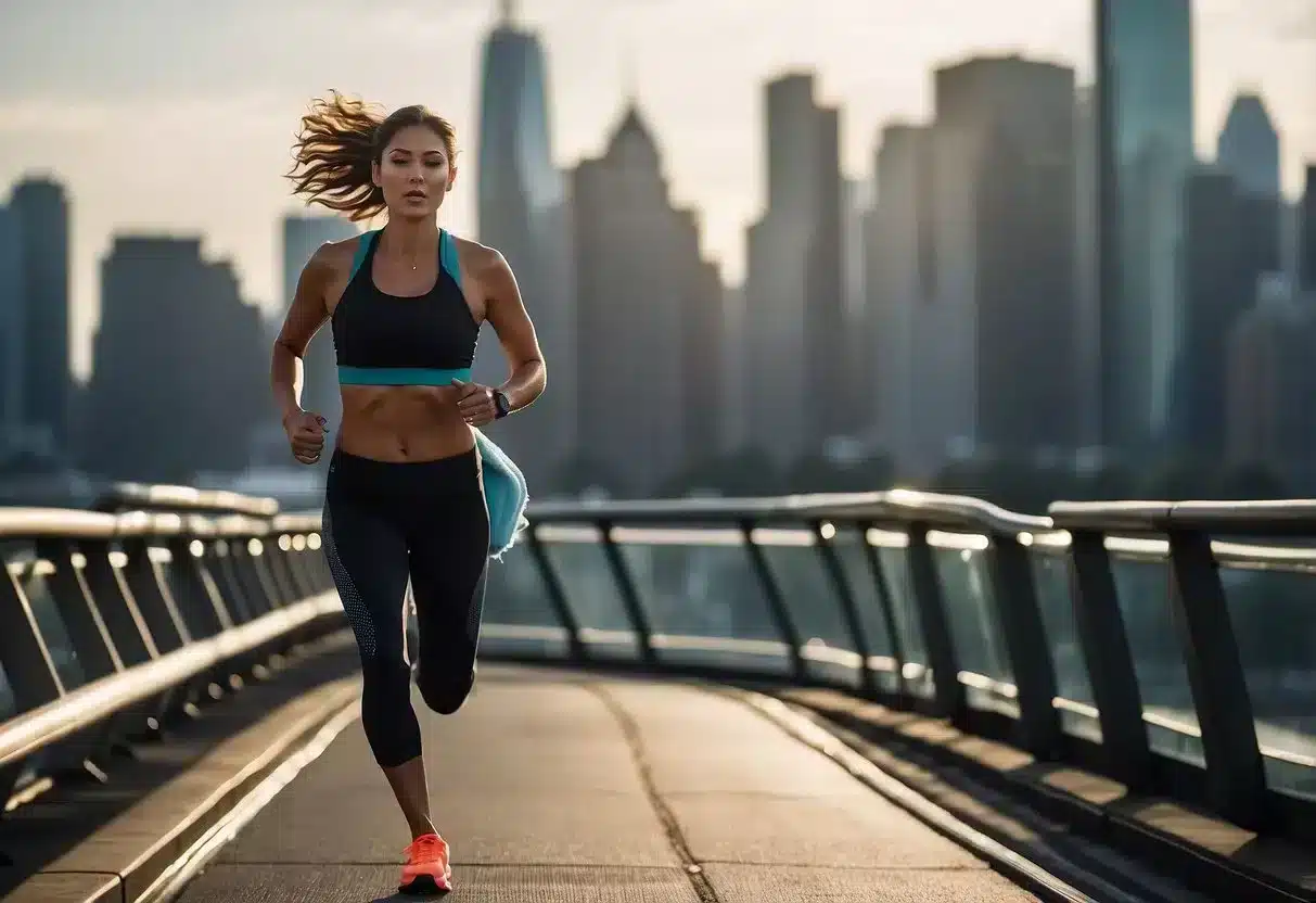 A person running on a treadmill with a stopwatch, water bottle, and towel nearby. The background shows a busy city skyline
