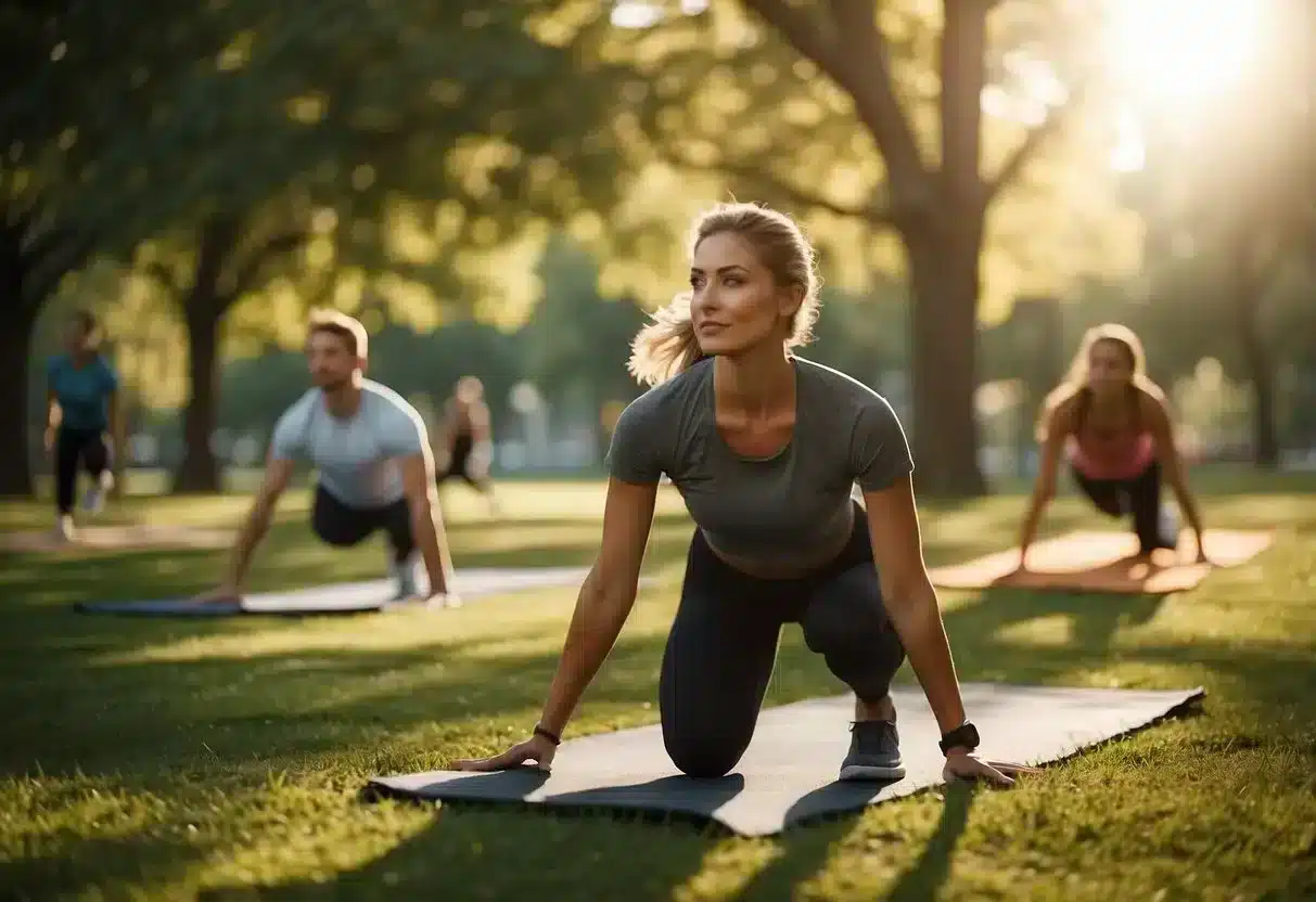 People exercising in a park: running, doing push-ups, and yoga. Trees, grass, and a bright sun in the background