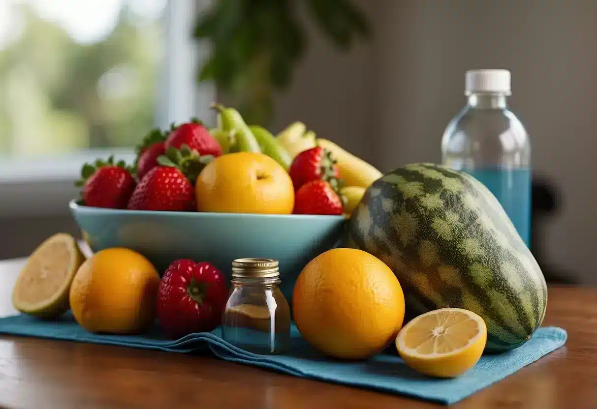 A colorful array of fresh fruits, vegetables, and protein sources arranged on a table, with a water bottle and a yoga mat nearby