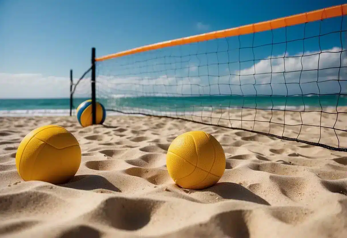 A bright, sunny beach with a volleyball net, yoga mats, and dumbbells scattered on the sand. Waves crashing in the background