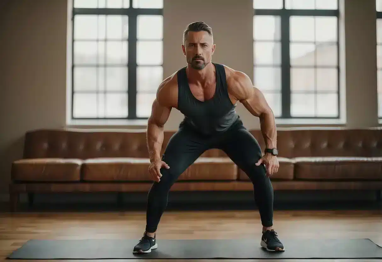 A male figure performing diastasis recti exercises with a focus on core strengthening and abdominal bracing