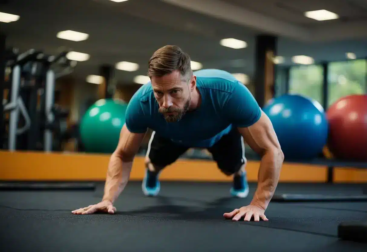 A man performs core-strengthening exercises using resistance bands and a stability ball in a gym setting