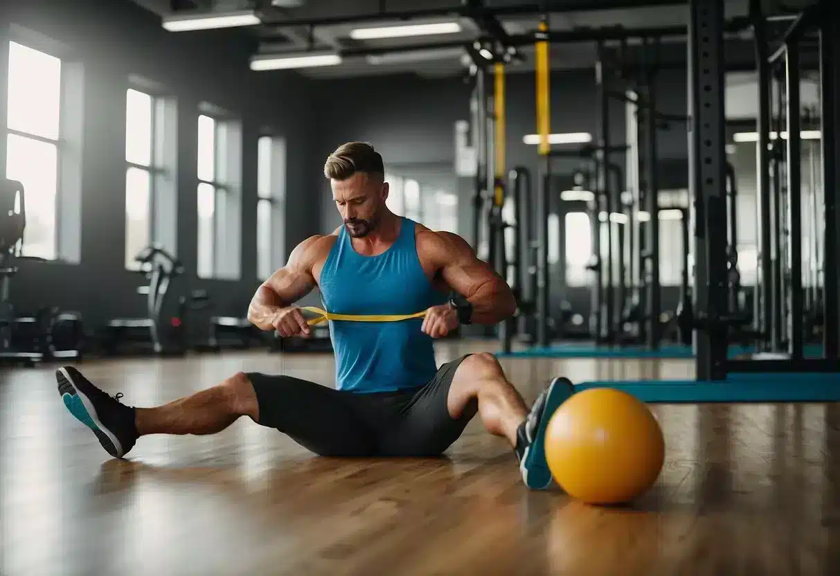 A man performs core-strengthening exercises with a focus on diastasis recti. He uses resistance bands and stability balls in a gym setting