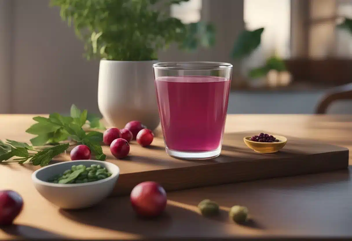 A table with natural remedies like cranberry juice, probiotics, and herbal supplements laid out. A warm compress and a glass of water nearby