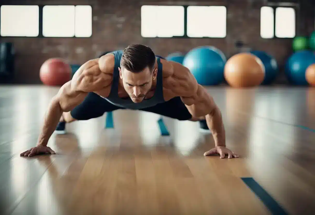 A man follows a core strengthening plan to treat diastasis recti, using resistance bands and exercise balls in a bright, spacious gym