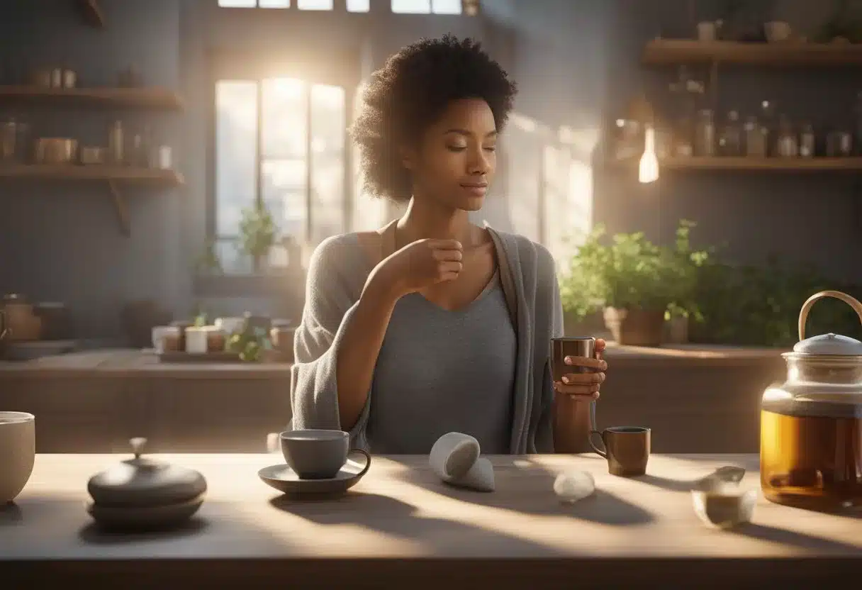 A woman brews herbal tea and takes cranberry supplements. A hot water bottle sits on her lower abdomen