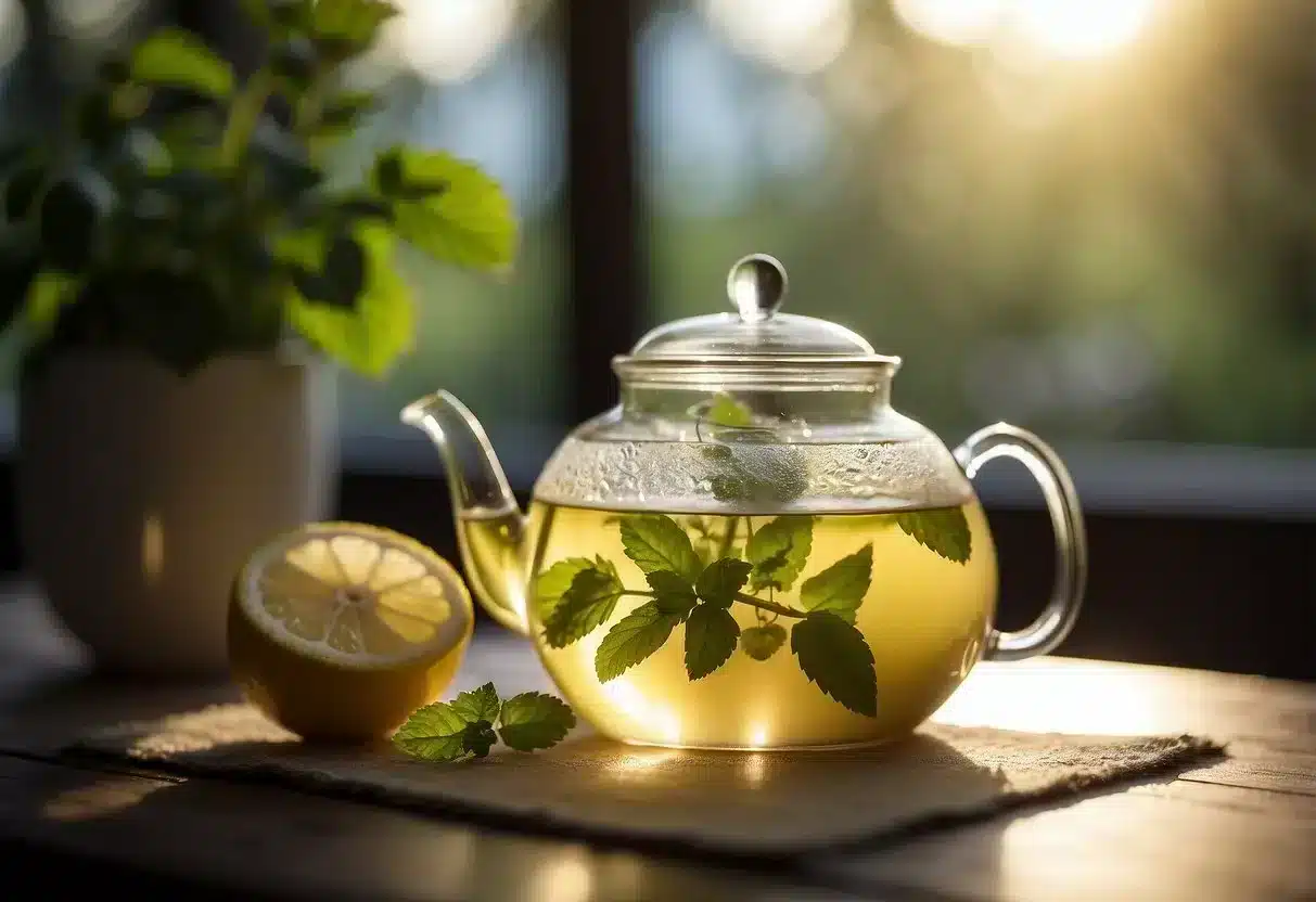A teapot pours hot water over lemon balm leaves in a clear glass cup