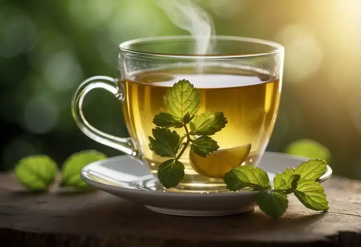 A steaming cup of lemon balm tea with a caution label and a list of potential side effects and precautions