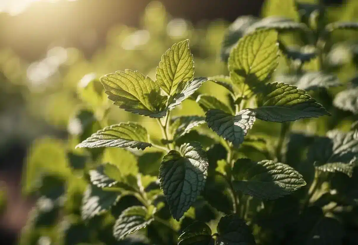 Lemon balm plant in a sunny garden, with fresh leaves being harvested for tea