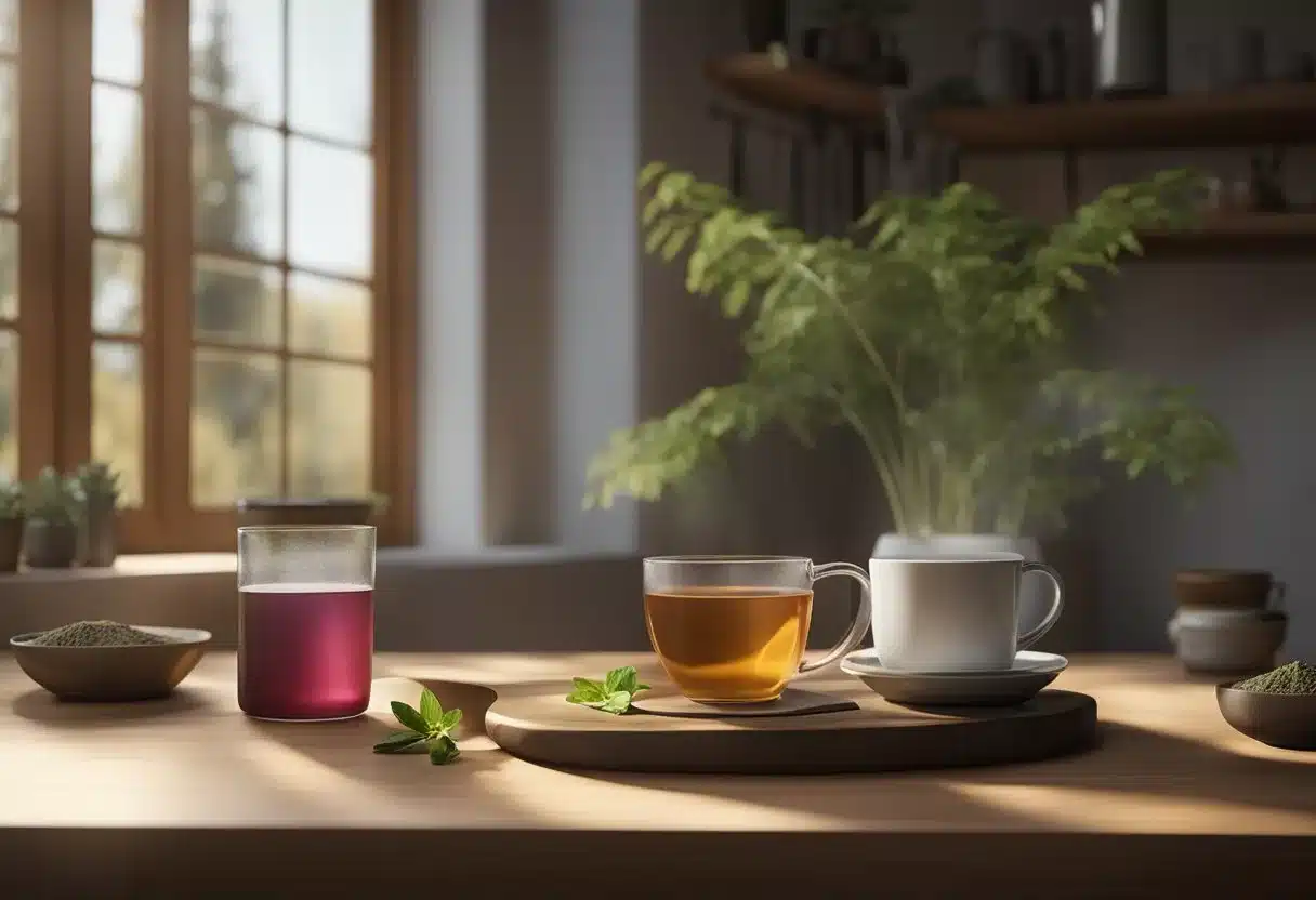 A cozy home setting with a cup of herbal tea, a bottle of cranberry juice, and a warm compress on a table. A list of natural remedies for UTI pinned on the wall