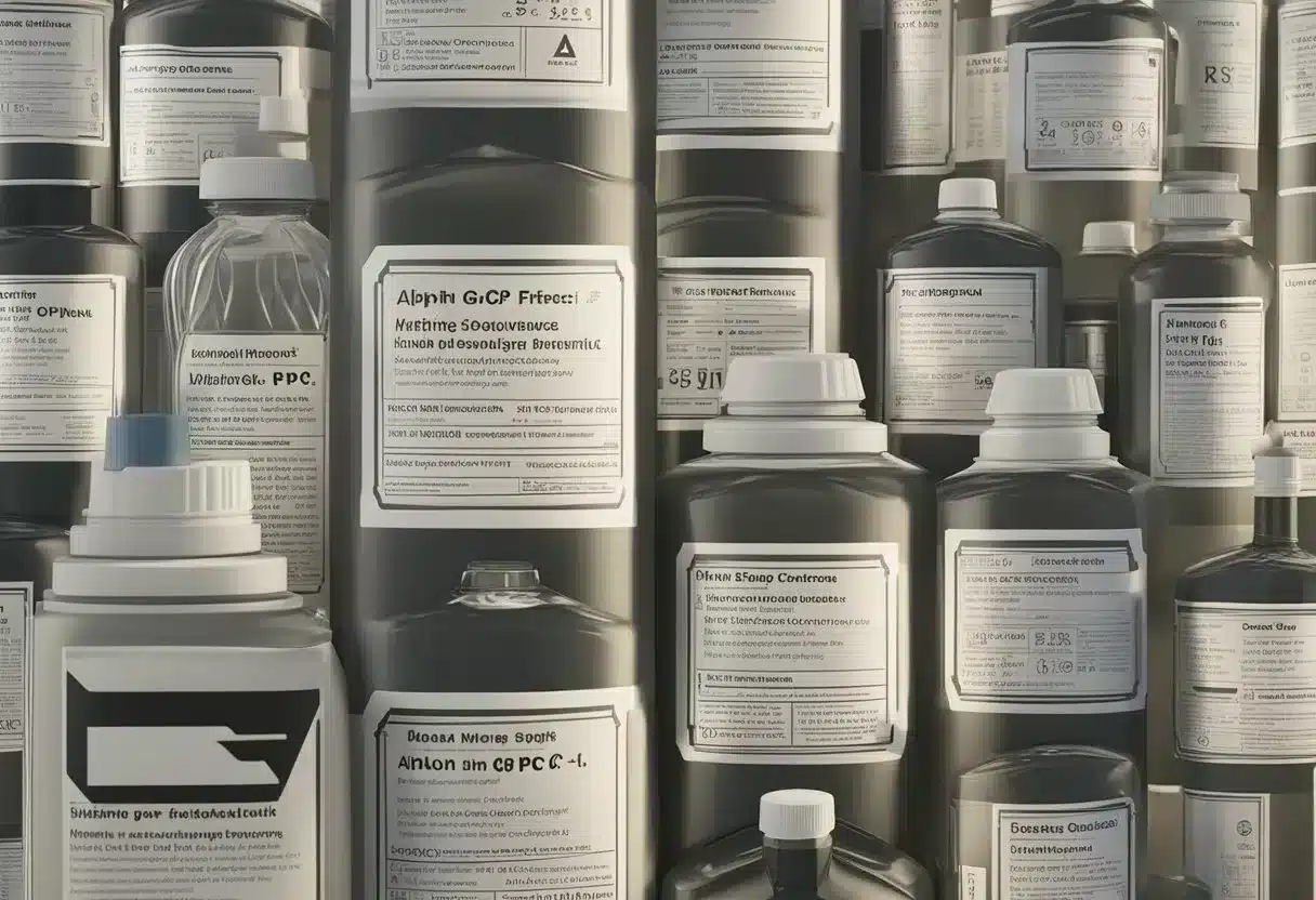 A bottle of alpha-GPC with a warning label, surrounded by caution signs and a list of potential risks and side effects