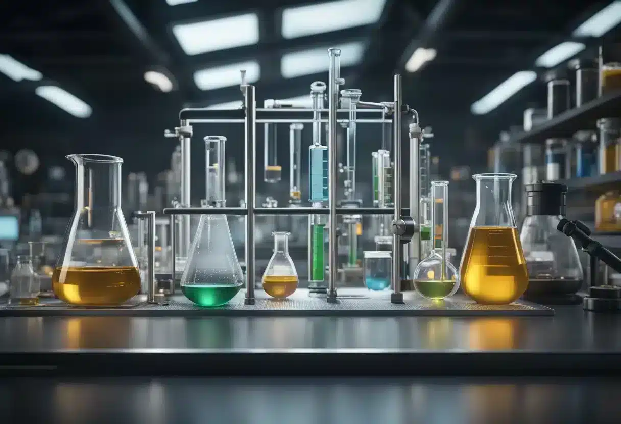 A lab table with beakers, test tubes, and scientific equipment. A computer screen displaying research data on alpha-GPC benefits and risks