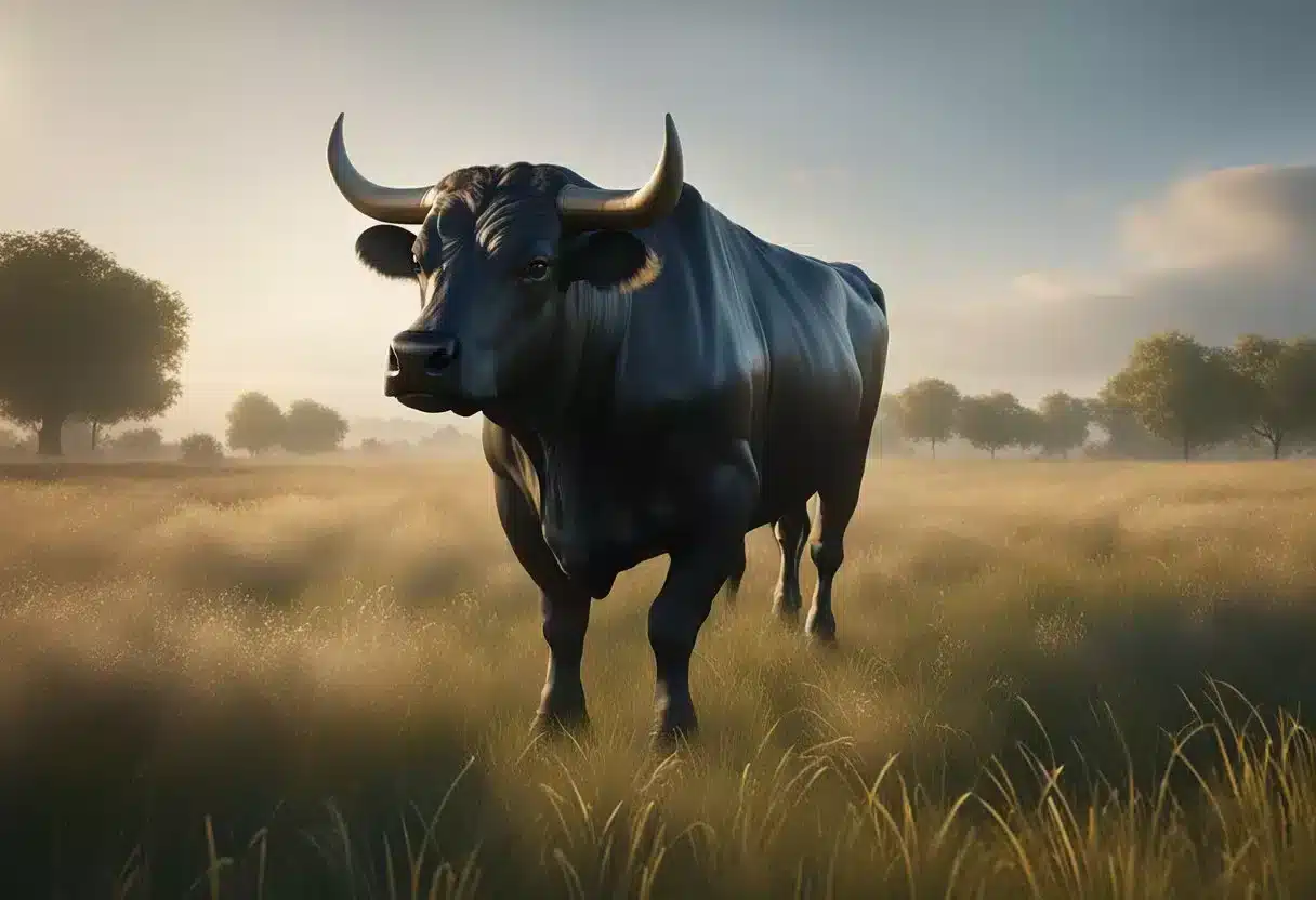 A bull stands proudly in a field, its strong muscles and powerful stance depict the benefits of taurine. The serene landscape highlights the positive effects, while cautionary signs in the background symbolize potential side effects