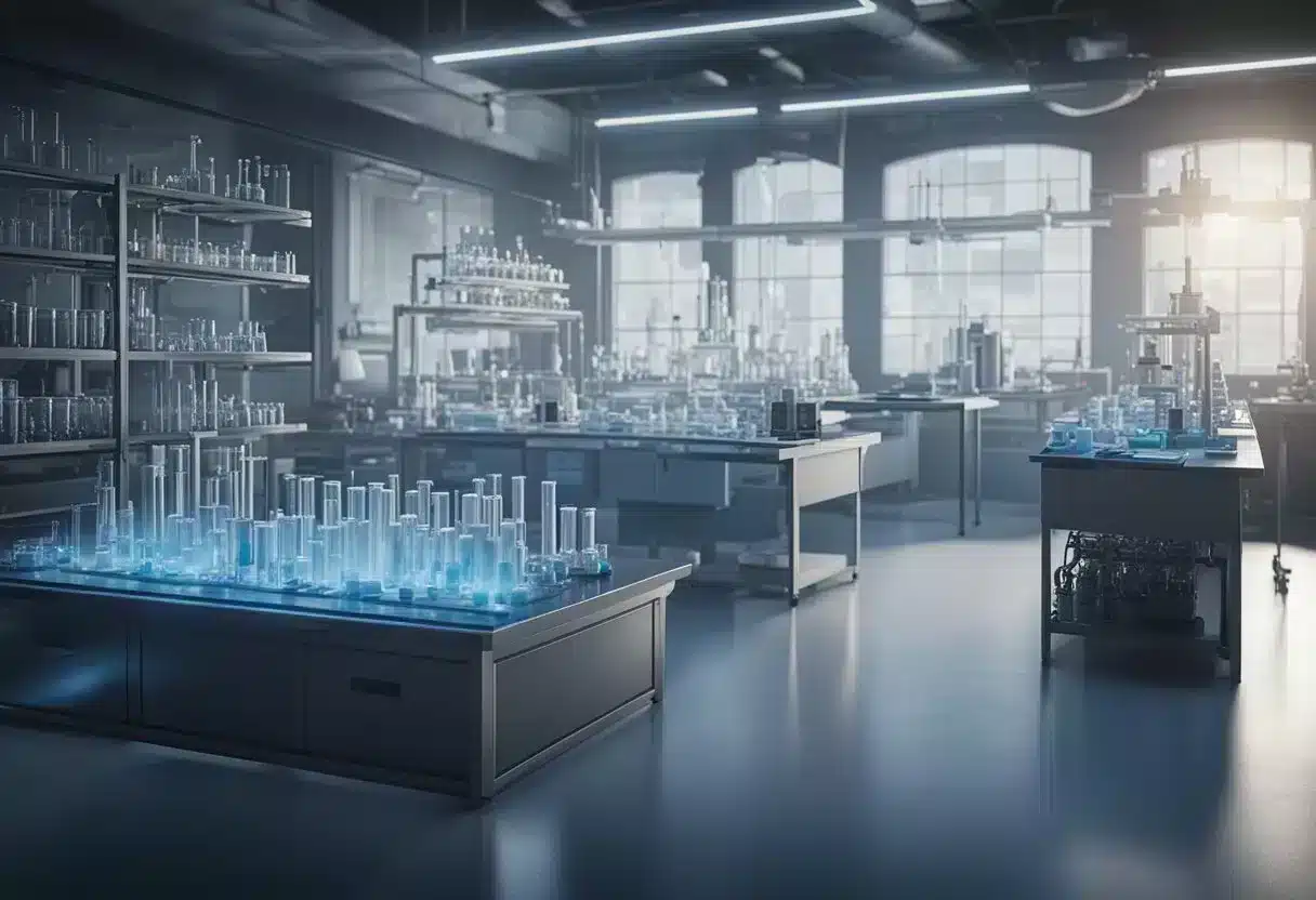 A laboratory setting with test tubes, beakers, and scientific equipment. A researcher is conducting experiments on taurine, surrounded by charts and data