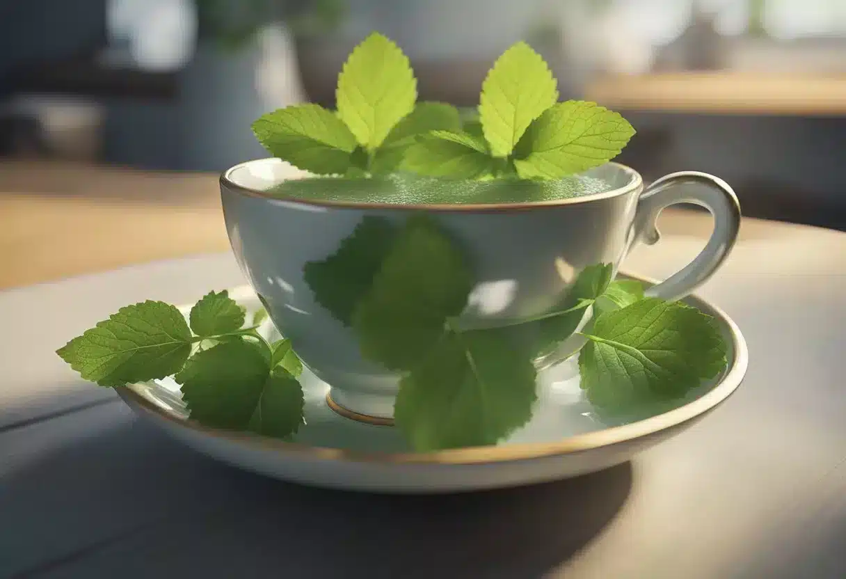 Lemon balm leaves in a teacup, steam rising, with a soothing aura
