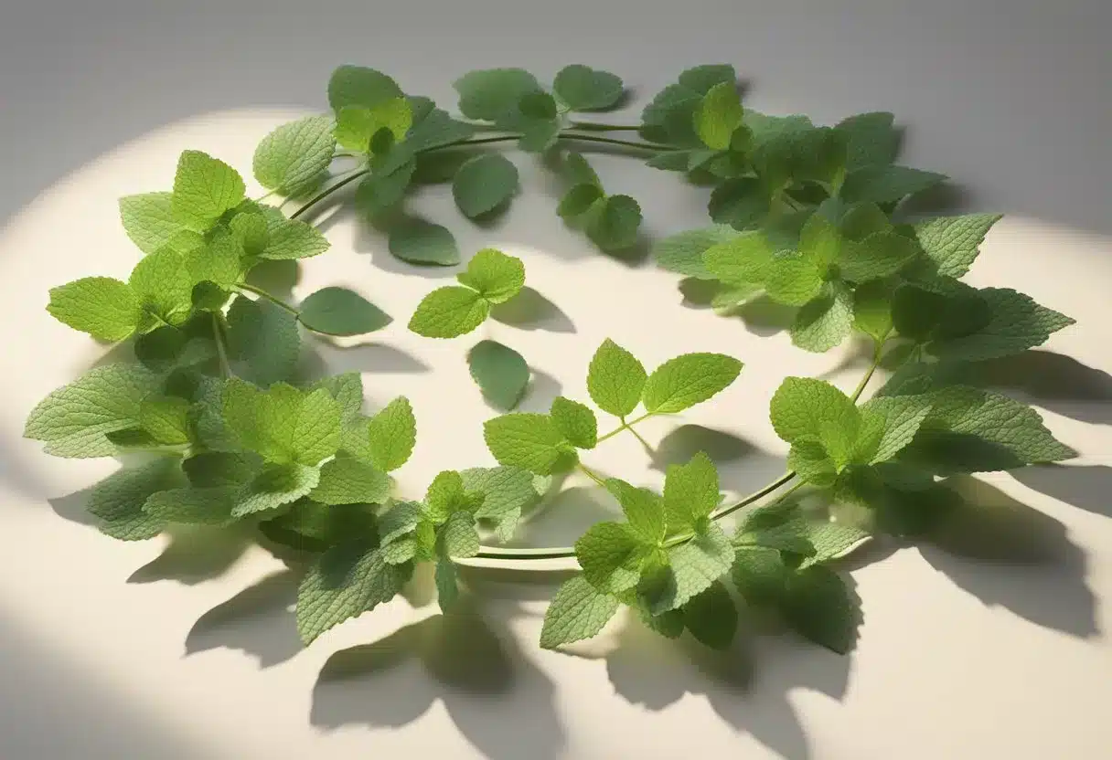 Lemon balm leaves and flowers arranged in a circular pattern, with a soft glow highlighting their vibrant green color and delicate texture