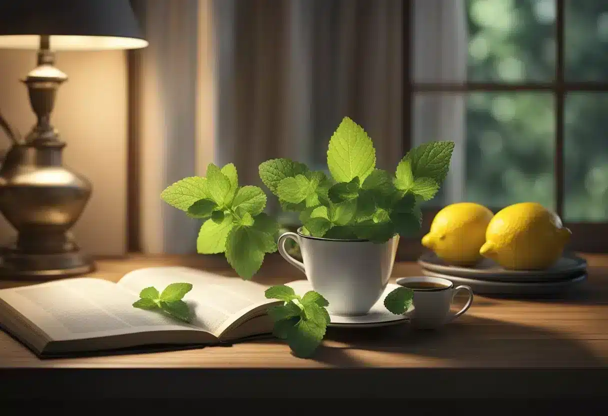 Lemon balm leaves scattered on a wooden table with a steaming cup of tea, a book, and a soft glow from a nearby lamp