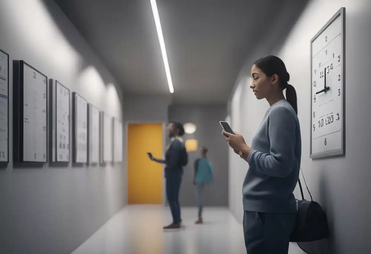 A person holding a phone, looking up "when to seek medical attention for UTI" while a clock on the wall shows it's late at night