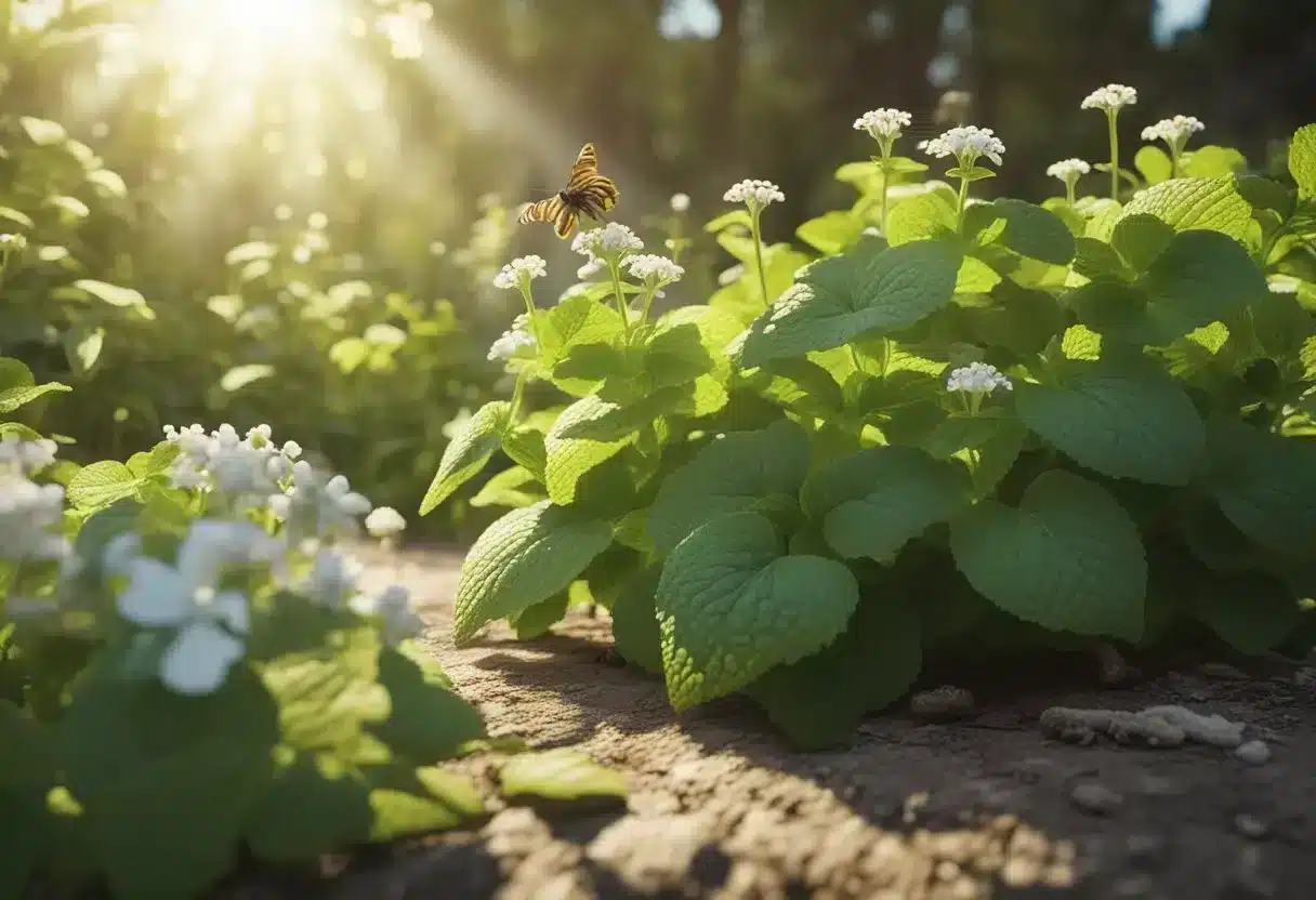 Lemon balm plant with vibrant green leaves and small white flowers, surrounded by bees and butterflies. Sunlight filters through the foliage, casting dappled shadows on the ground