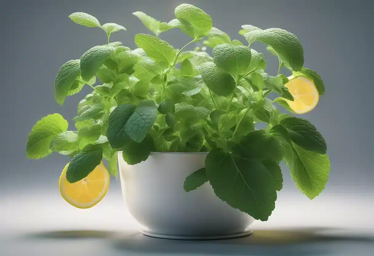 A lemon balm plant surrounded by a glowing aura, with a trail of digestive system icons leading towards it