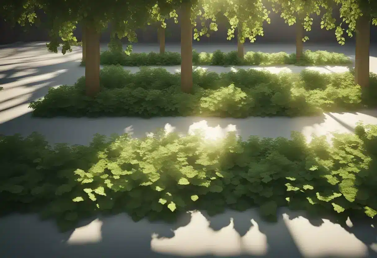 Sunlight filters through green leaves, casting dappled shadows. Lemon balm plants sway gently in the breeze, emitting a fresh, citrusy aroma