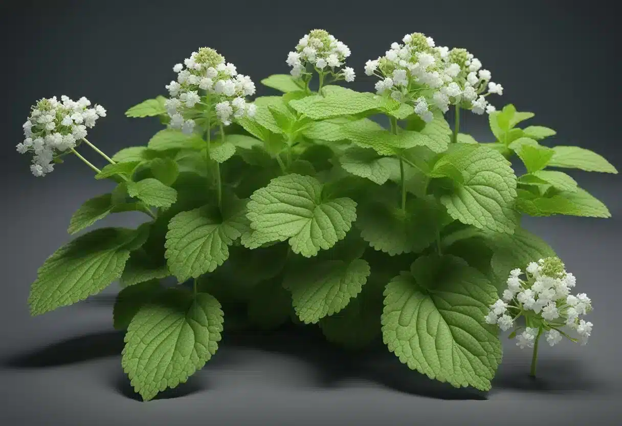 Lemon balm plant with vibrant green leaves, small white flowers, and a lemony scent. Nutritional profile and active compounds listed nearby