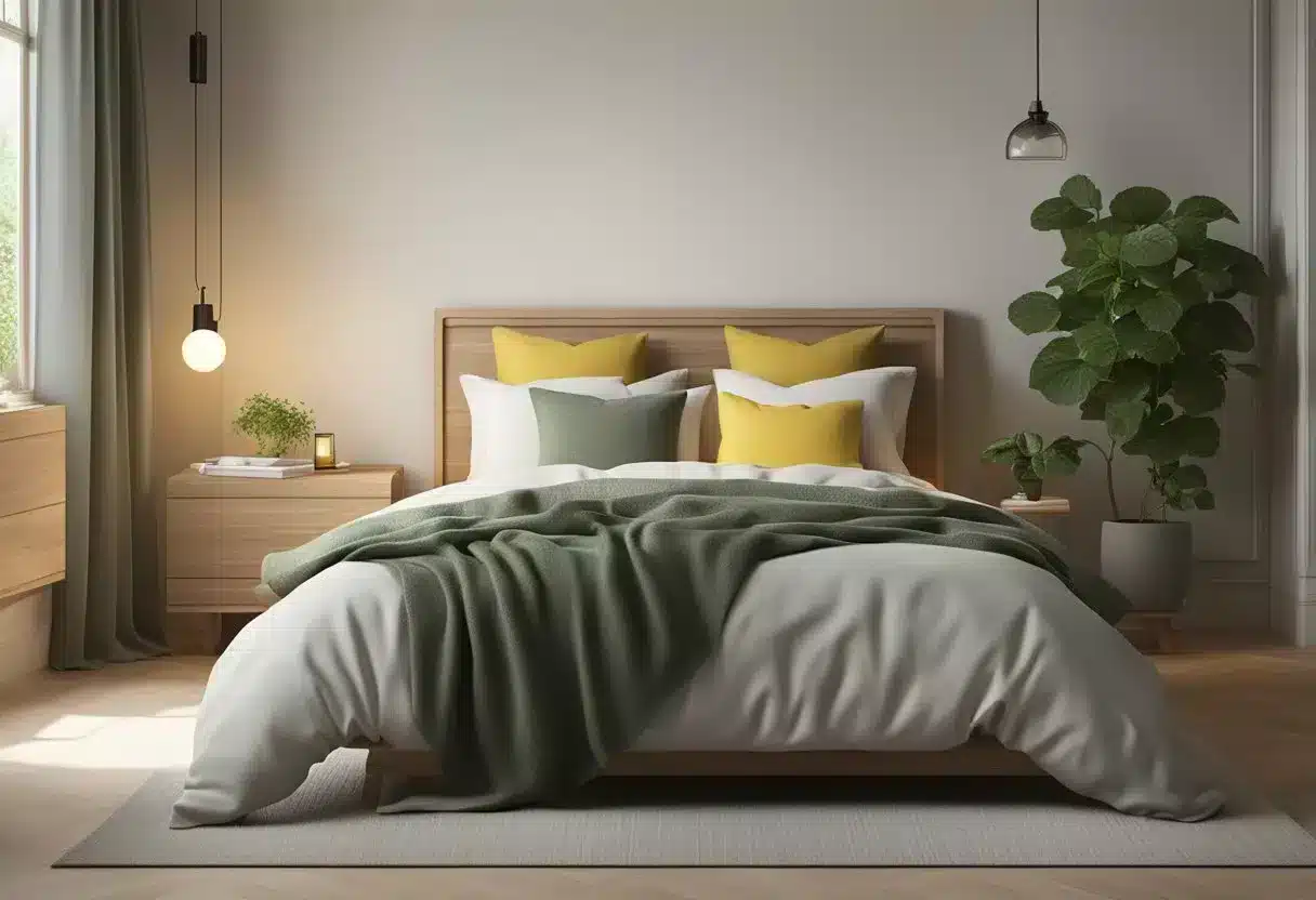 A serene bedroom with a lemon balm plant on a bedside table, a cozy bed, and soft lighting to promote sleep quality