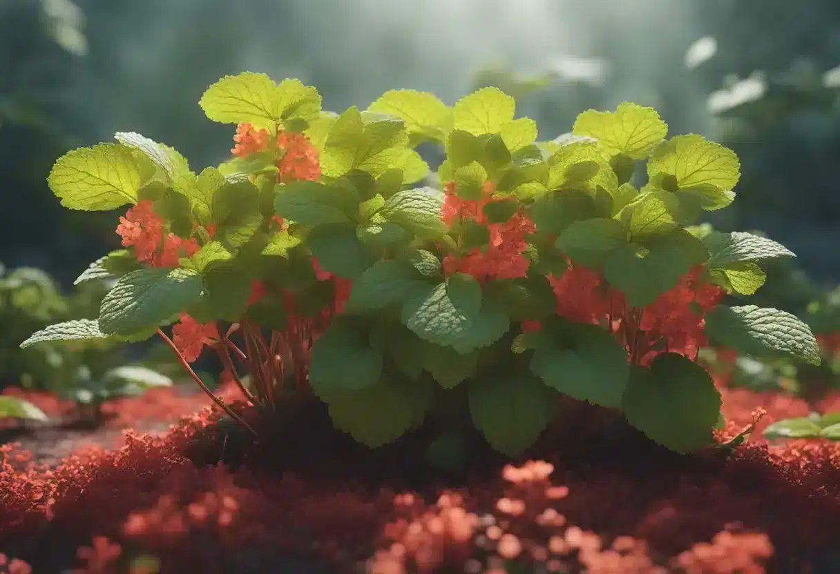 A vibrant lemon balm plant surrounded by red, inflamed areas