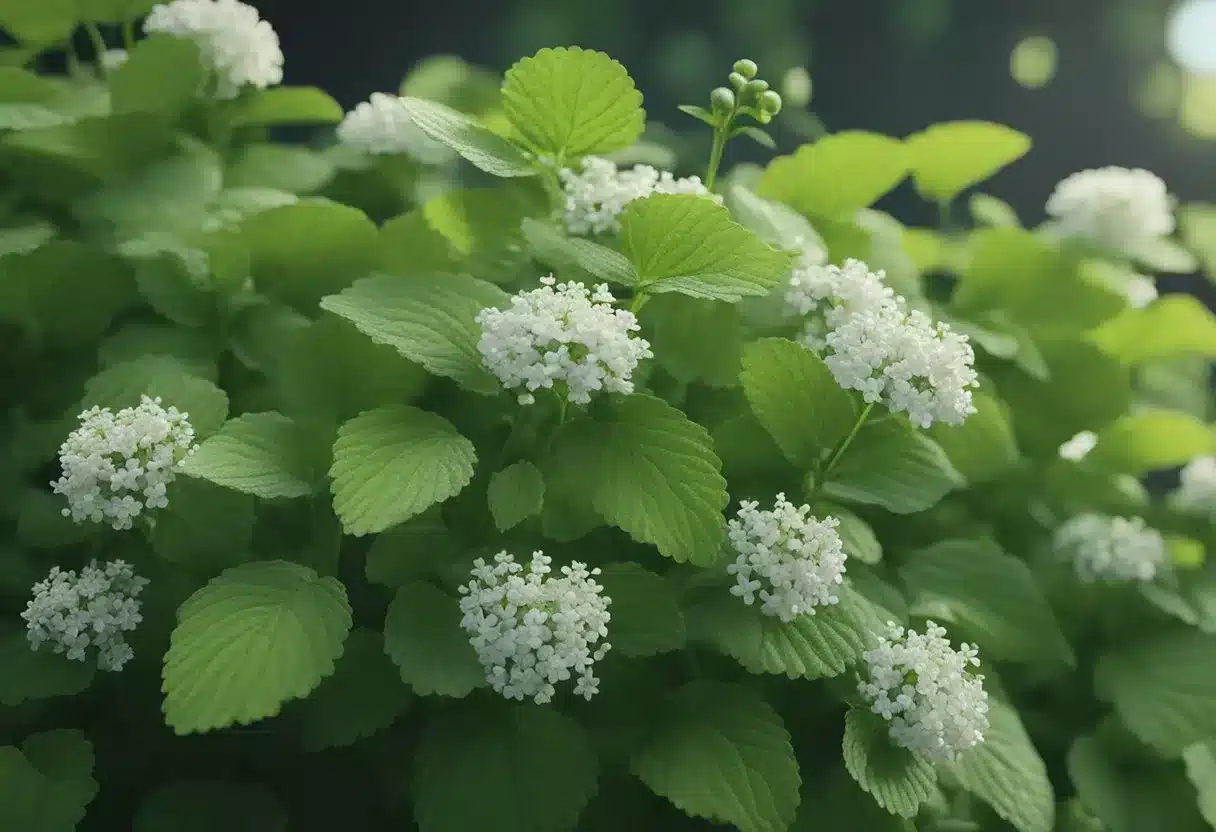 A lemon balm plant surrounded by vibrant green leaves, with small white flowers blooming. A gentle breeze moves the leaves, creating a sense of tranquility