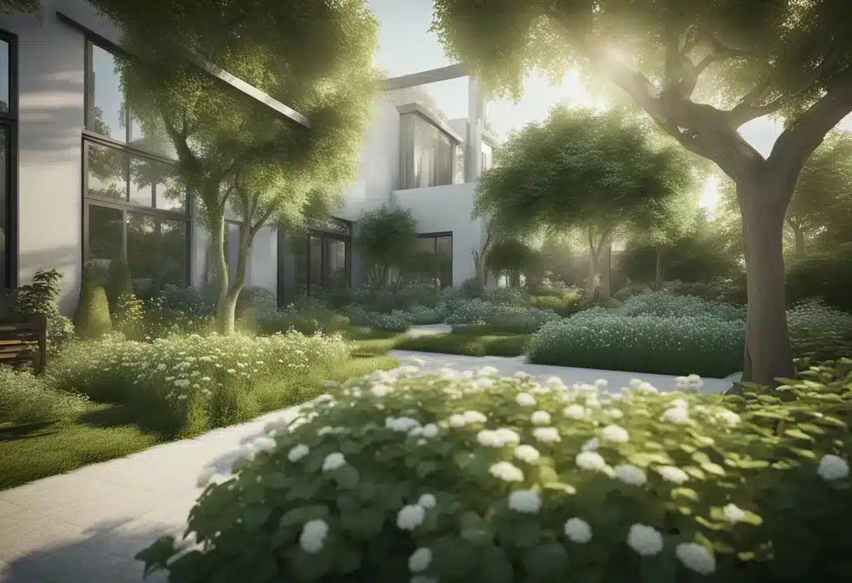 A serene garden with lemon balm plants, surrounded by calm, peaceful surroundings