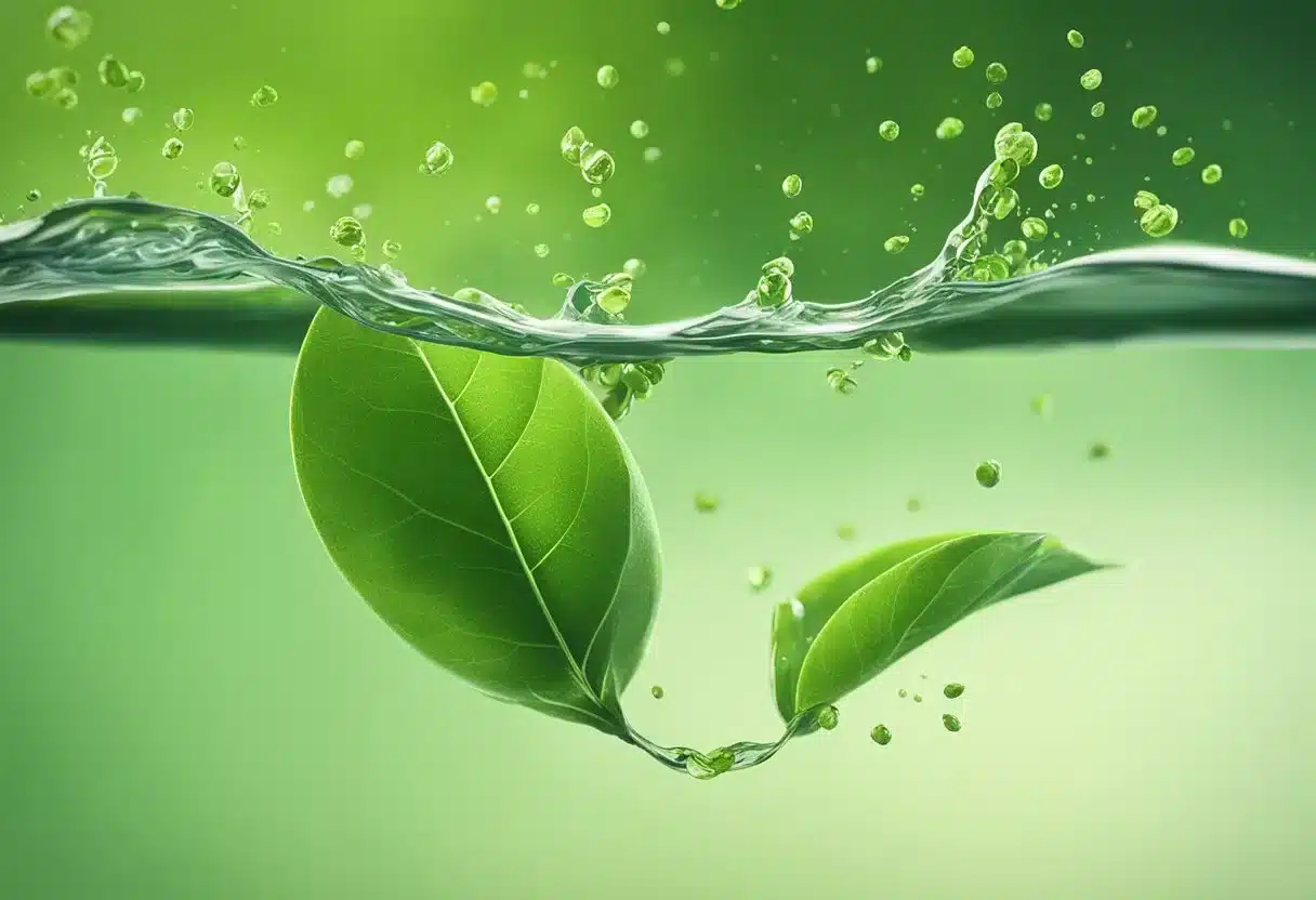 A serene green tea leaf releasing calming waves into a vibrant, energized brain, dispelling stress