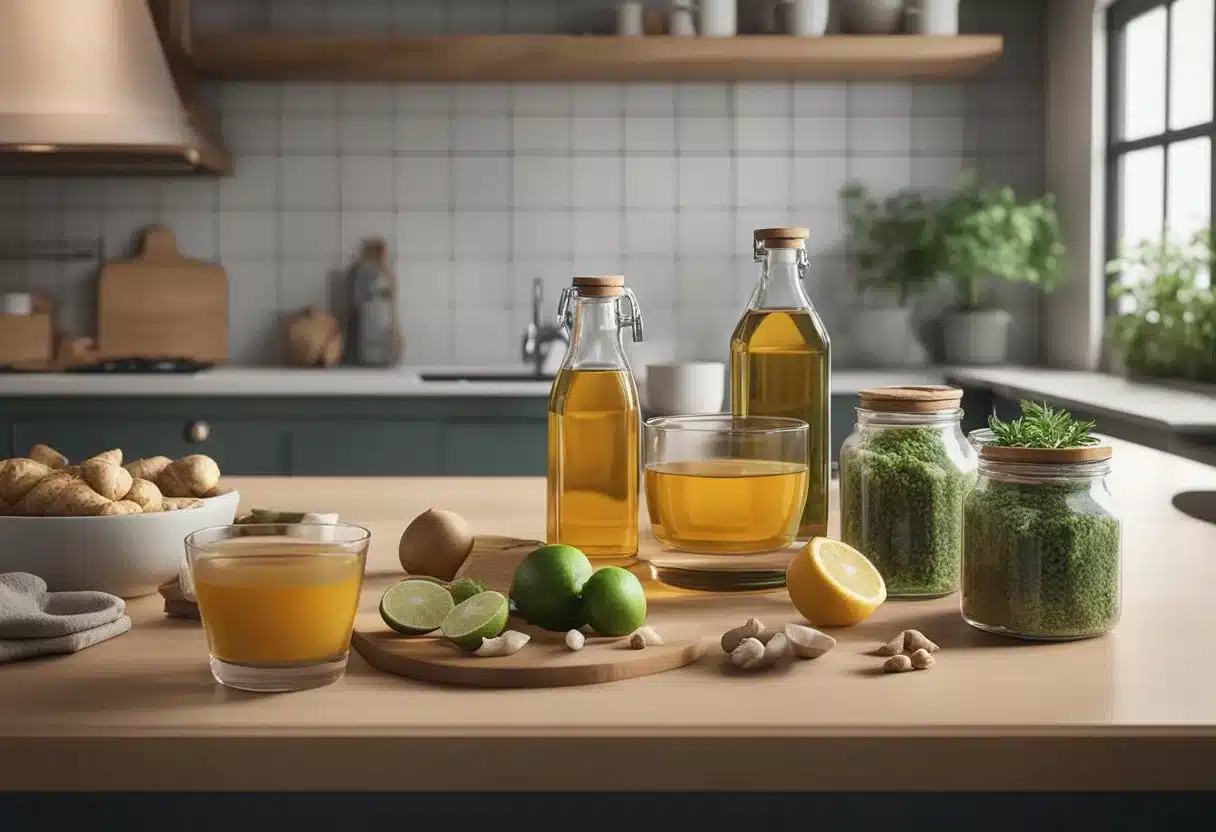 A kitchen counter with a variety of natural ingredients such as cranberry juice, garlic, and ginger, along with a cup of herbal tea and a bottle of probiotics