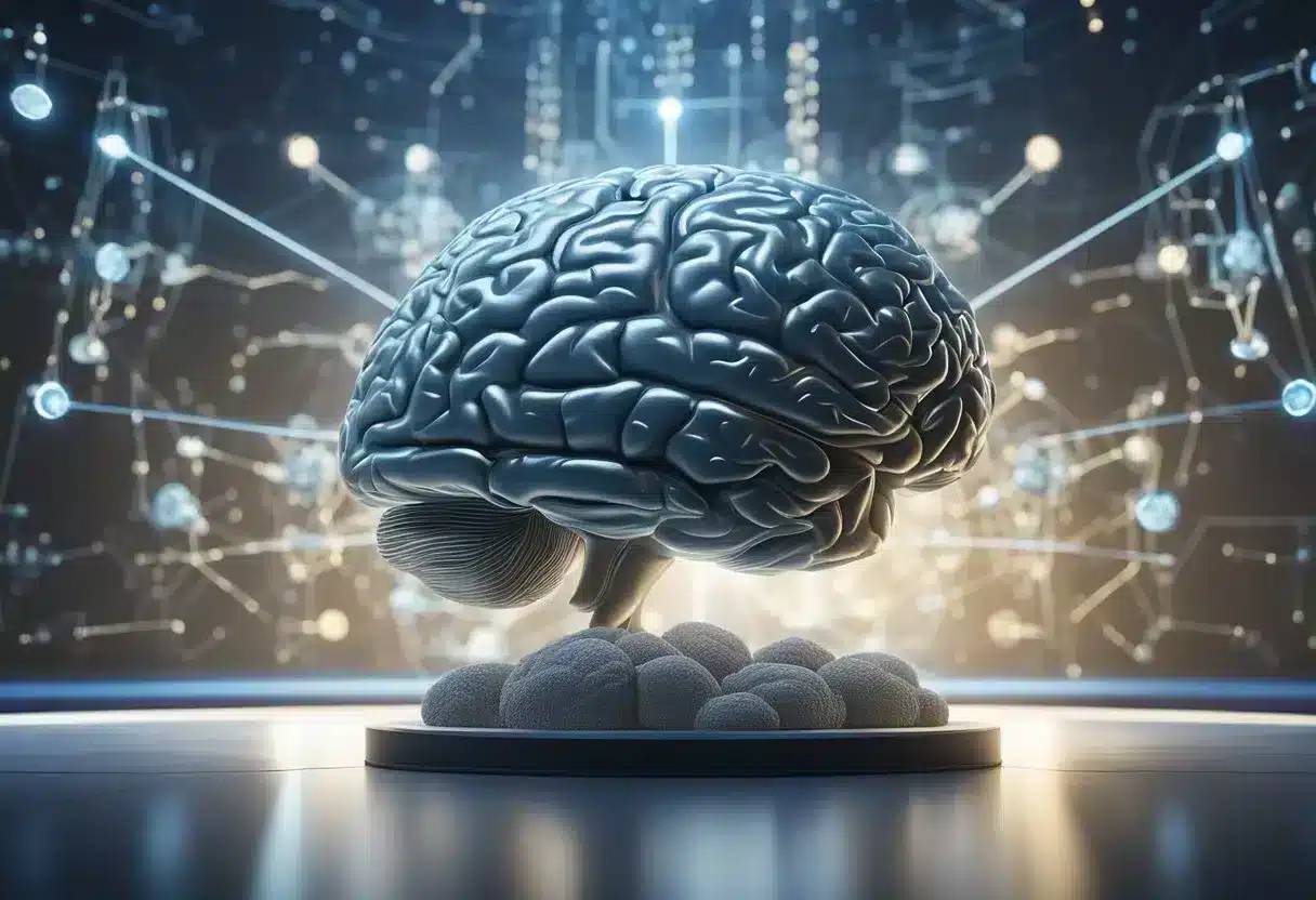 A serene brain surrounded by scientific symbols, radiating calmness and focus