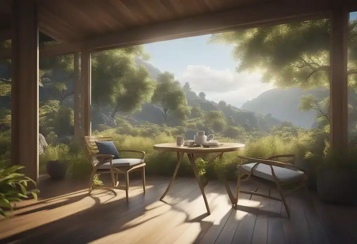 A serene natural setting with a cup of tea and a relaxed atmosphere, showcasing the calming effects of L-theanine on the brain and stress relief