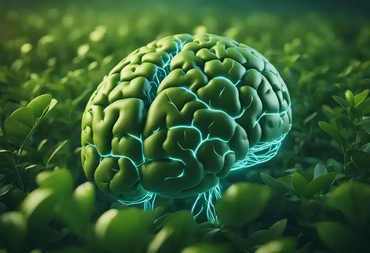 A brain with glowing neurons, surrounded by calming green tea leaves, with a stress-free atmosphere