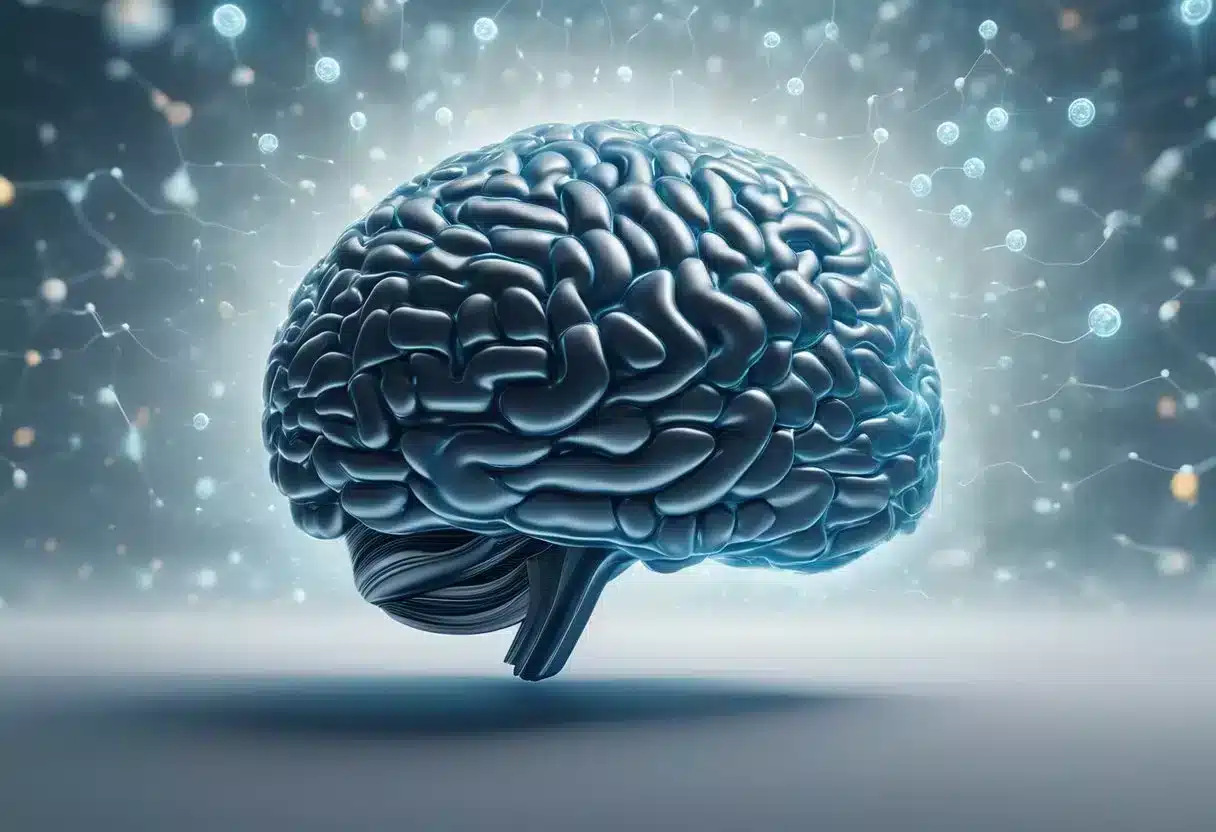 A brain surrounded by swirling compounds, radiating energy and calmness, symbolizing the surprising benefits of L-theanine on brain power and stress