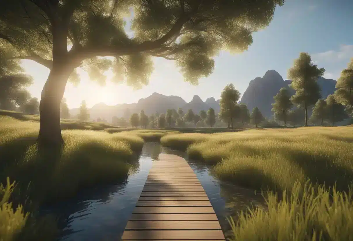 A serene natural landscape with a calm, clear mind and reduced stress levels