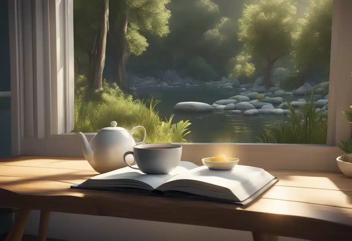 A serene setting with a cup of tea and a book, surrounded by nature. A calm, focused atmosphere with an emphasis on relaxation and mental clarity